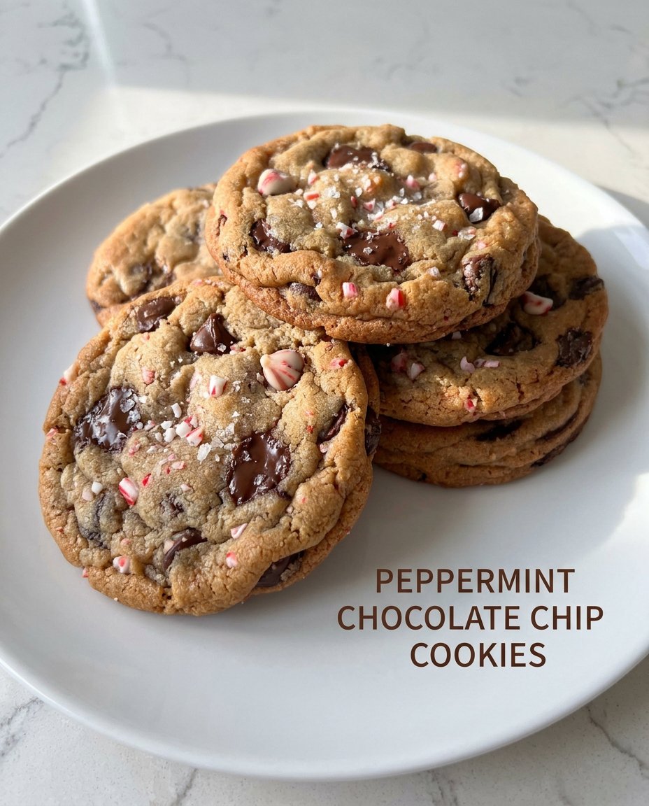 A stack of peppermint chocolate chip cookies next to a glass of cold milk.