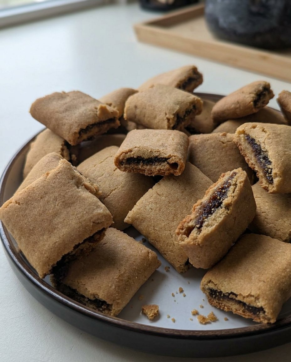 A stack of perfectly uniform homemade fig newtons on a white plate.