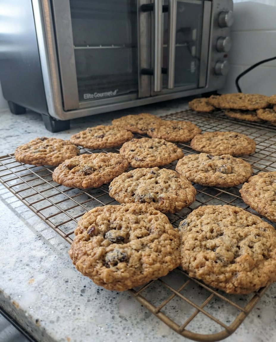 A close up of a chewy oatmeal raisin cookie showing the thick texture and plump raisins