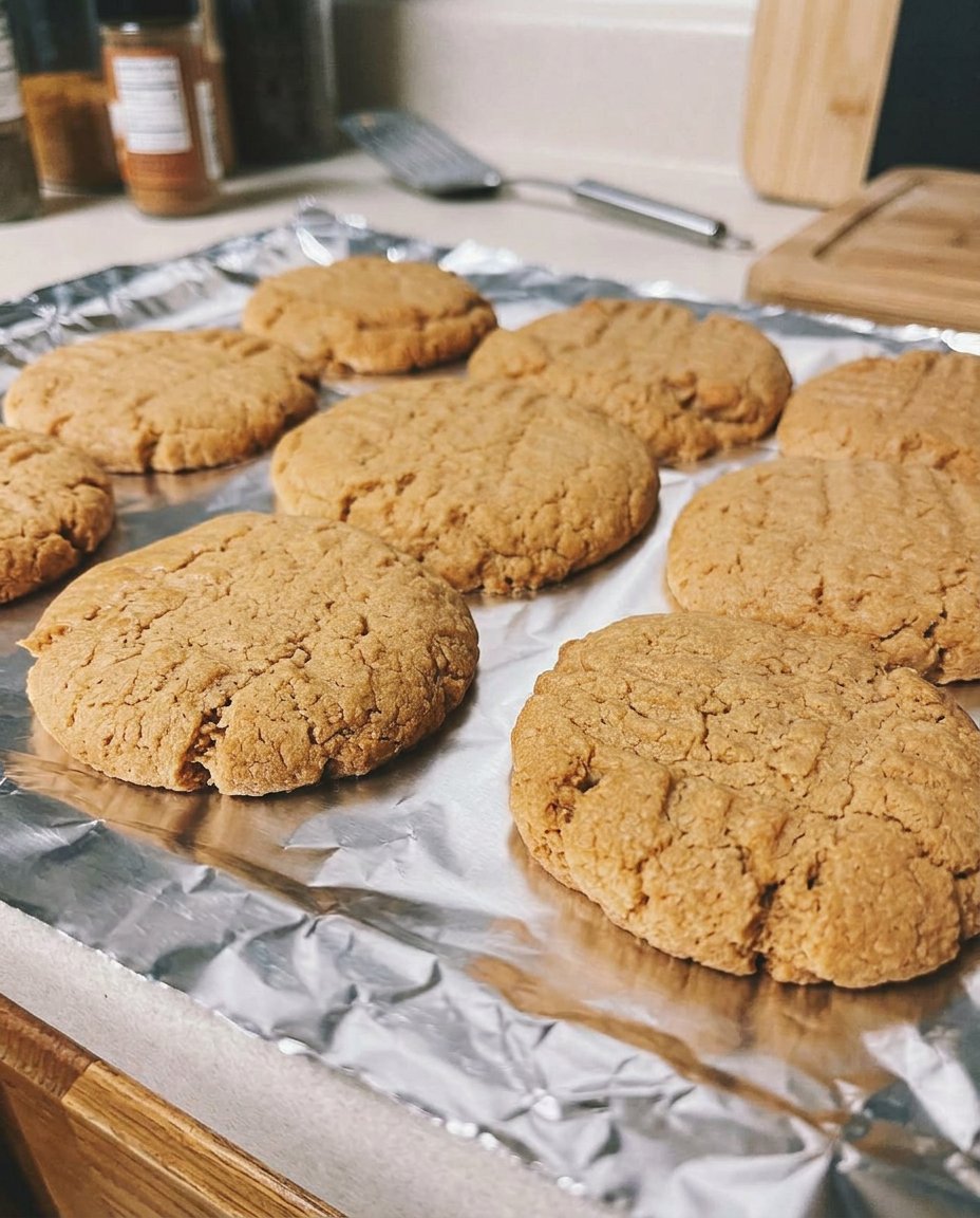 Overhead view of several gluten free peanut butter cookies with classic fork marks
