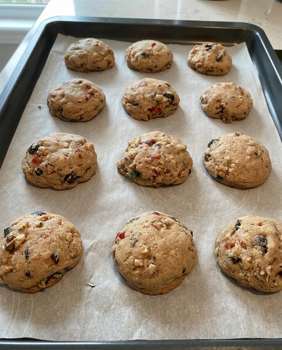 A tray of iced hermit cookies showing the spiced texture and fruit distribution.
