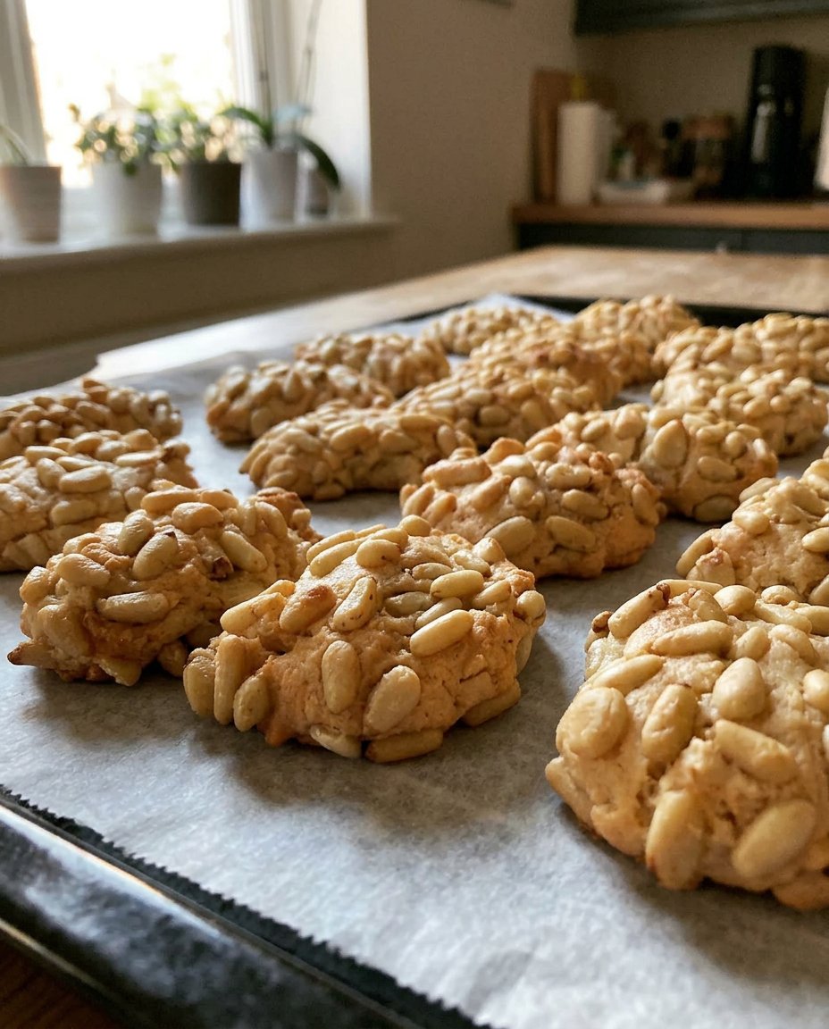 A close up of a pignoli cookie showing the chewy almond interior and crunchy pine nut exterior