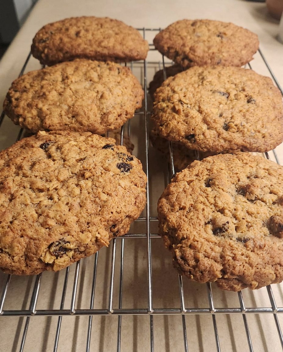 Golden brown rum raisin cookies showing the chewy oat texture