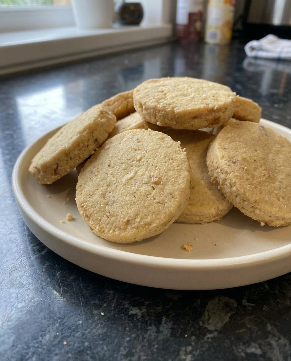 A close up view of a sliced walnut shortbread cookie showing the toasted nut pieces and crumbly texture