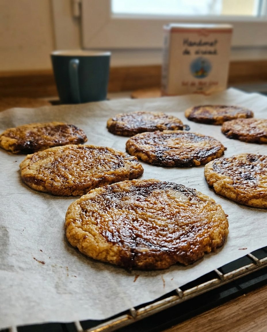 A batch of miso caramel cookies resting on a wire rack to set their structure