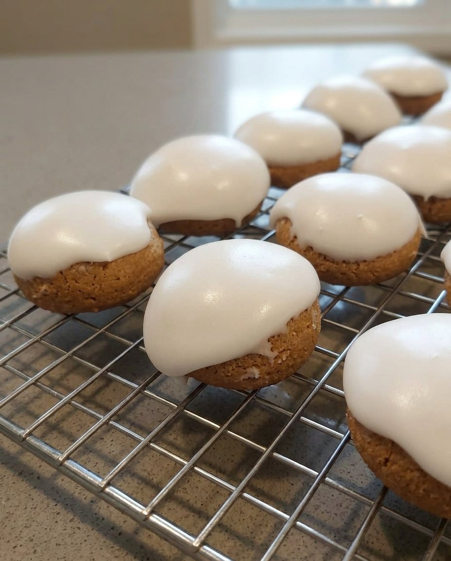Pfeffernusse cookies being dipped in a white sugar glaze