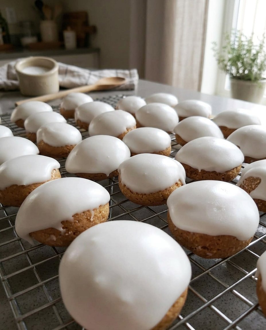 A pile of glazed pfeffernusse cookies showcasing the white sugar shell