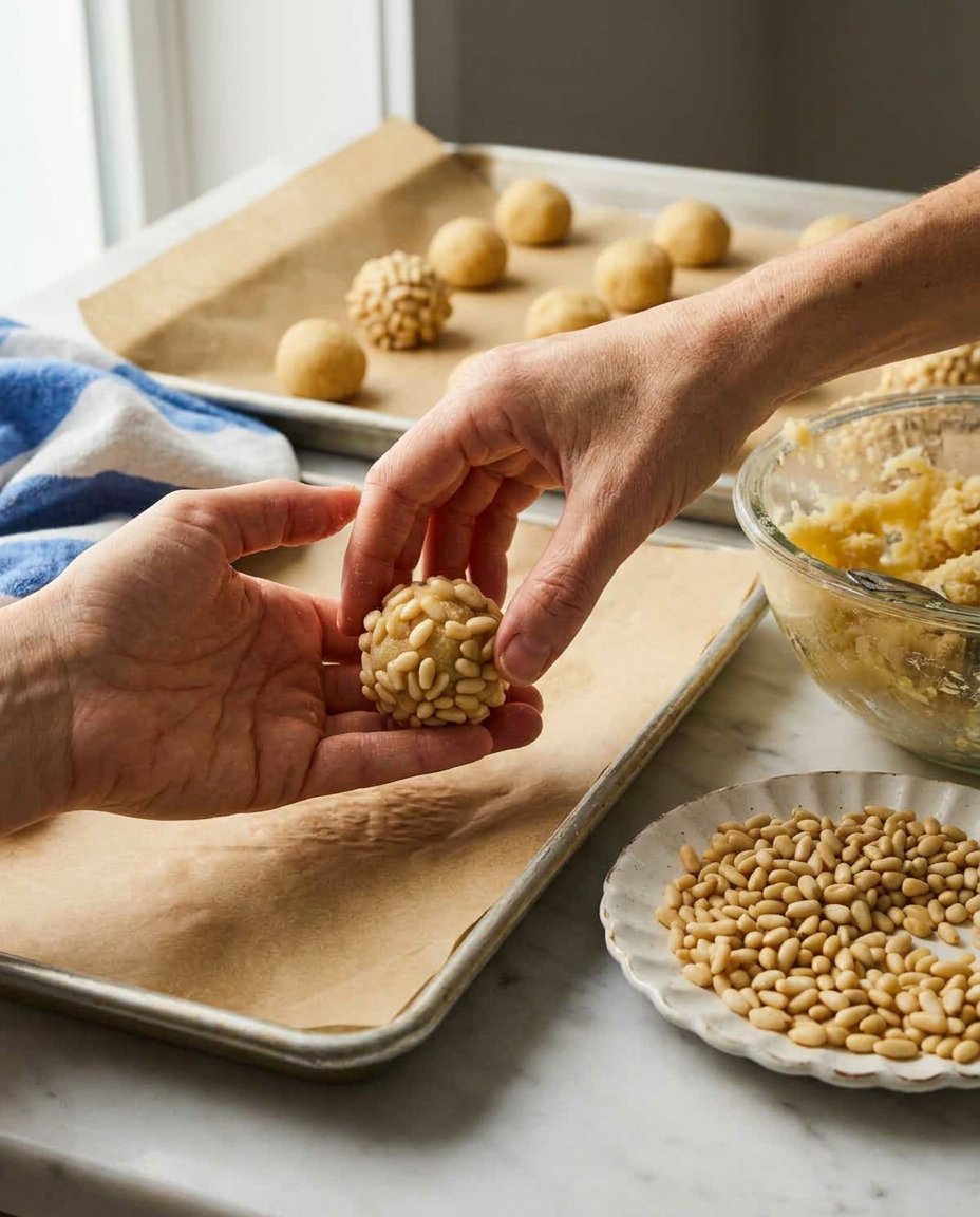 Pignoli cookies on a baking sheet being checked with a thermometer for doneness