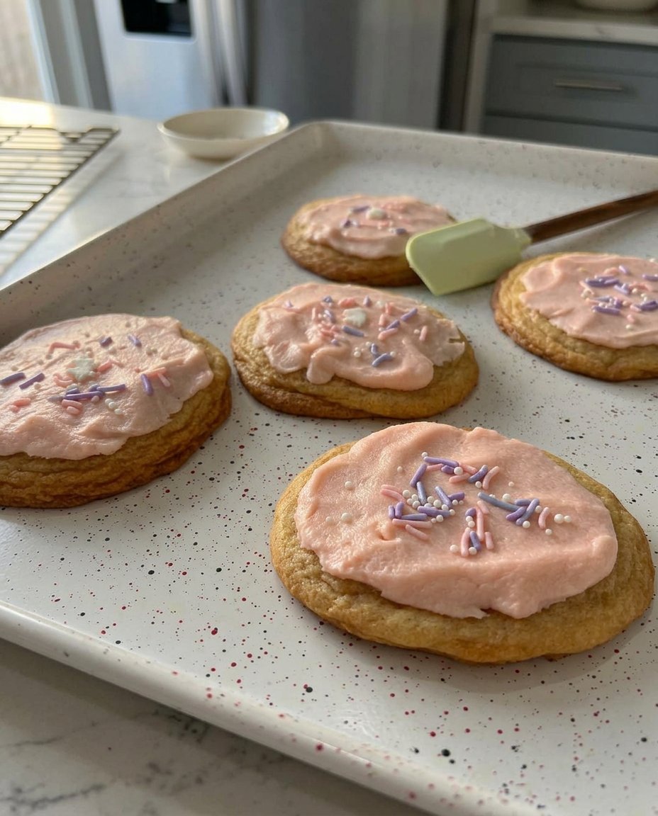Pink almond icing being swirled onto a large sugar cookie.