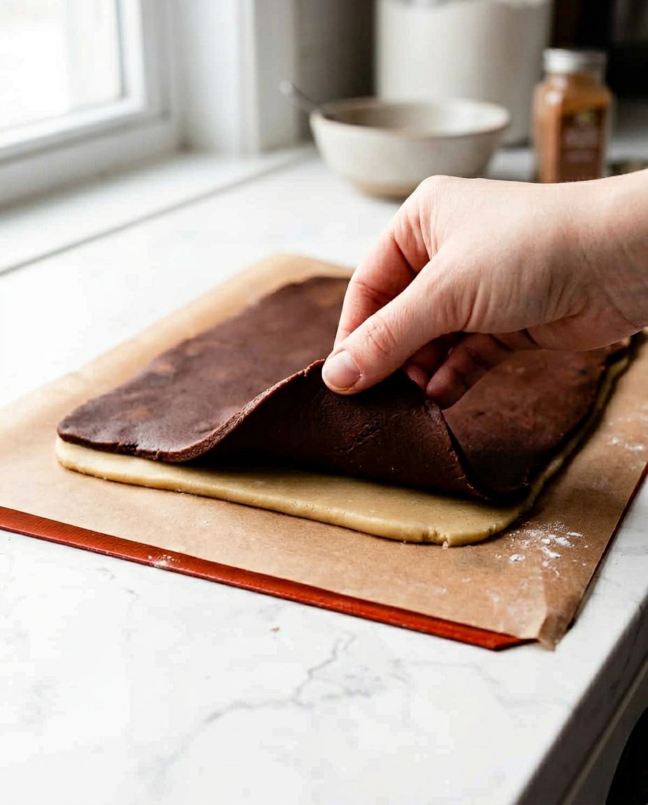 Bowls of flour, cocoa powder, butter, and sugar for pinwheel cookies.