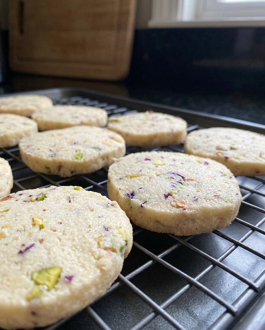 A close up of a sliced pistachio shortbread cookie showing the fine green crumb and sandy texture