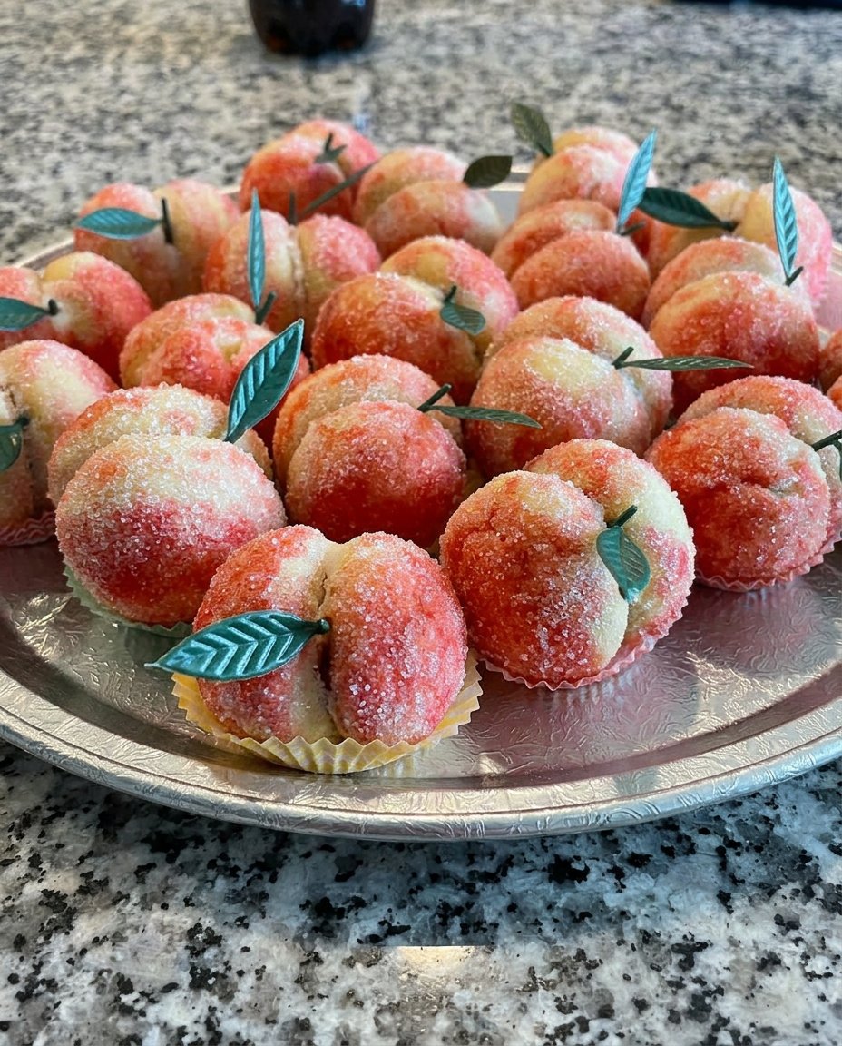 A plate of finished peach cookies with glaze and crumble