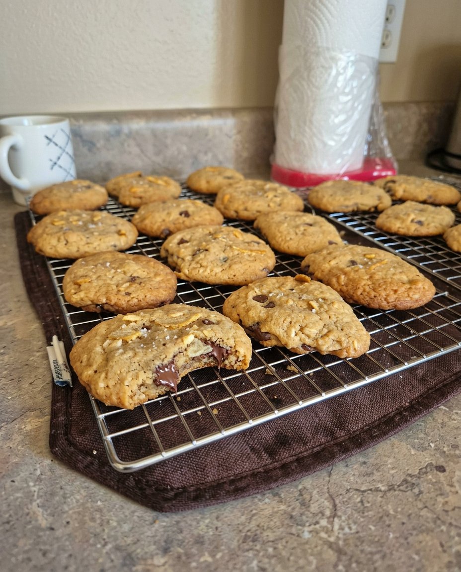 Potato chip chocolate chip cookies on a cooling rack showing texture.