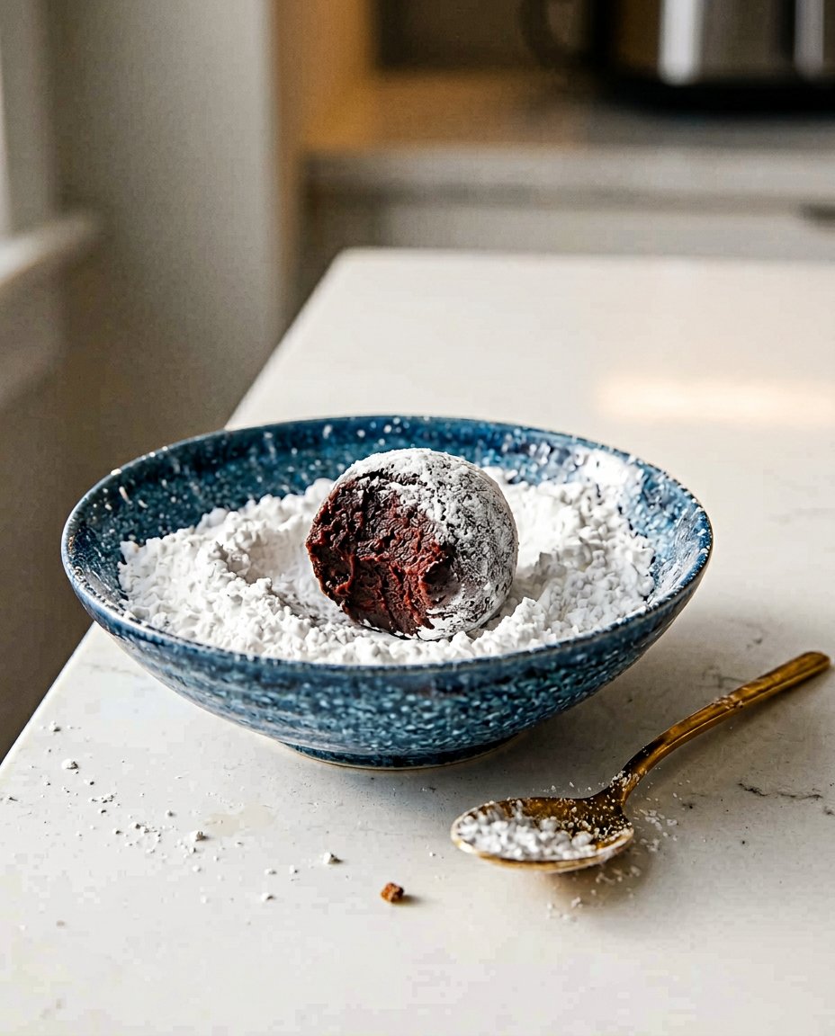 Dough balls being rolled in powdered sugar for crinkle effect
