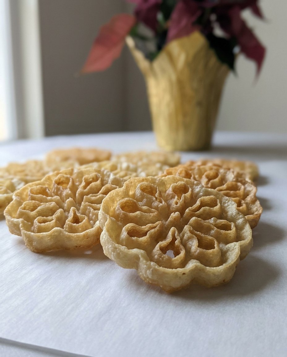 Finished rosette cookies being lightly dusted with confectioners sugar
