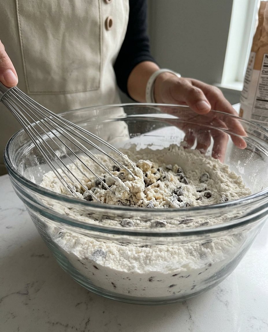 Bowls of flour, sugars, and chocolate chips arranged on a marble surface