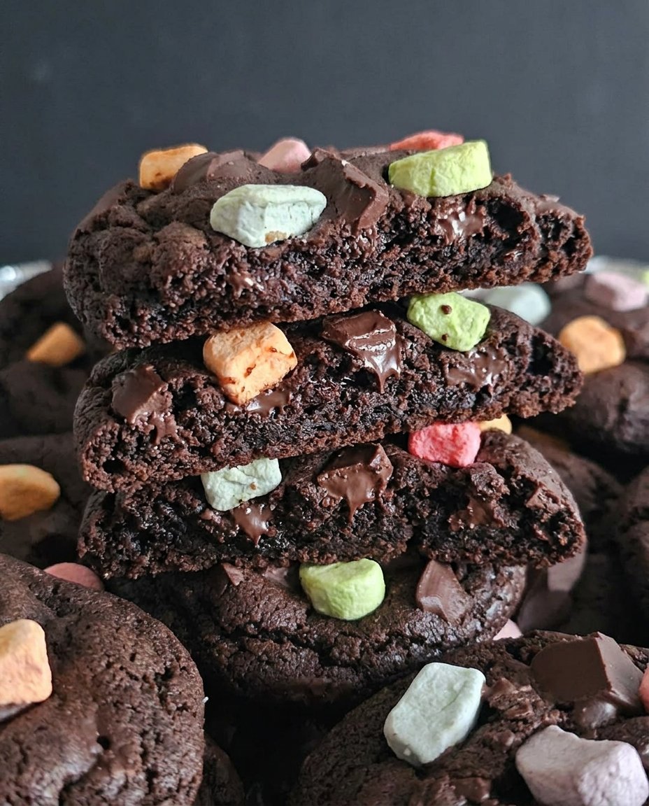 A close up of a peppermint devil's food cookie showing the ripple texture from pan banging.