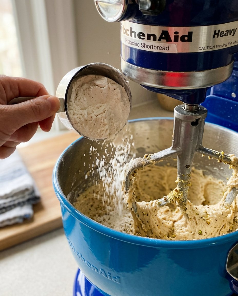 Measured ingredients for pistachio shortbread including flour sugar cold butter and raw pistachios