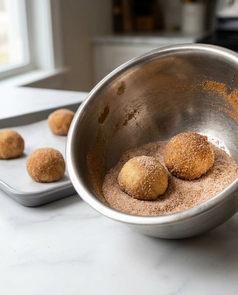 Hand rolling snickerdoodle dough in cinnamon sugar