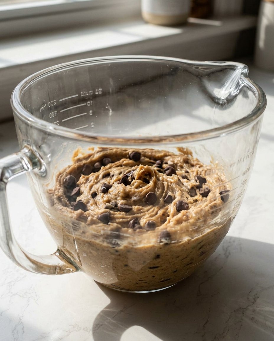 A hand using the pan-banging technique on a tray of cookies in the oven.