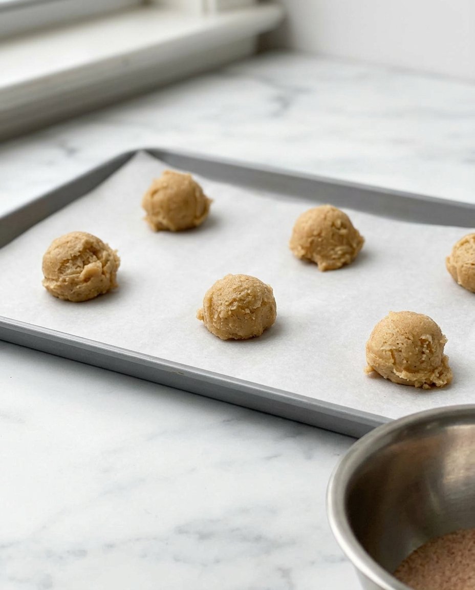 Evenly sized snickerdoodle dough balls coated in cinnamon sugar