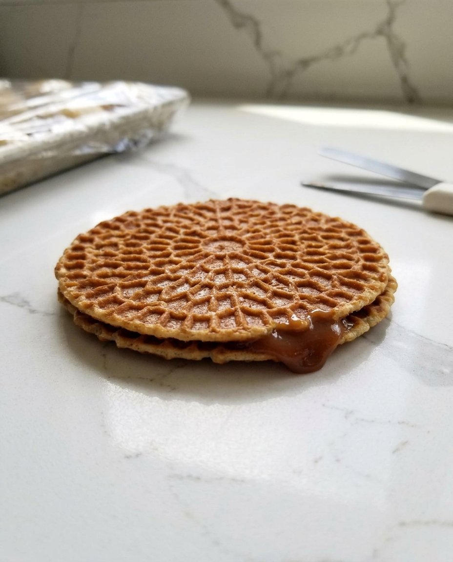 Slicing a hot waffle cookie to fill with stroop
