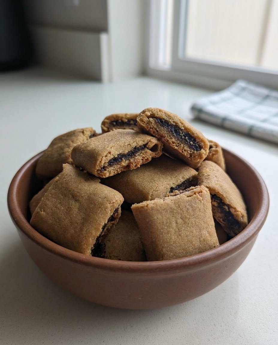 Homemade fig newtons sliced to show the soft cakey texture and dense fig filling.