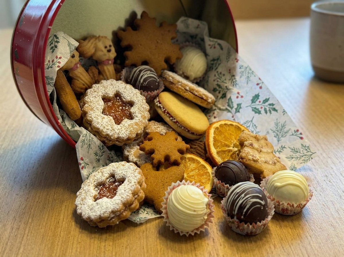 Precisely cut Christmas sugar cookies on a baking sheet