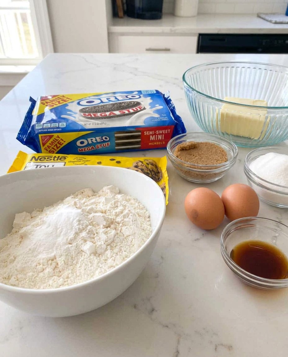 Measured ingredients for Oreo stuffed chocolate chip cookies on a marble surface.