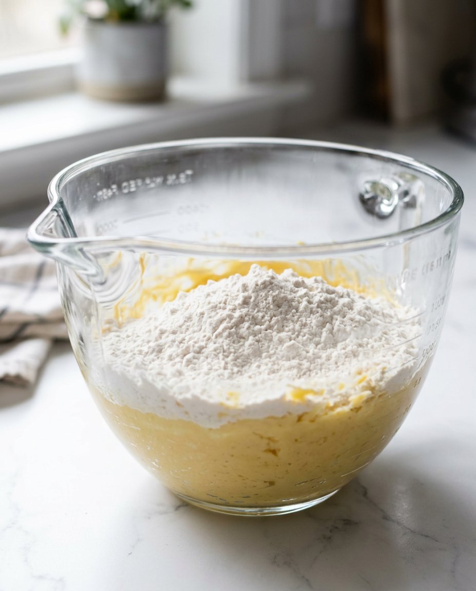 Bowls of flour, sugar, and butter measured by weight on a digital scale