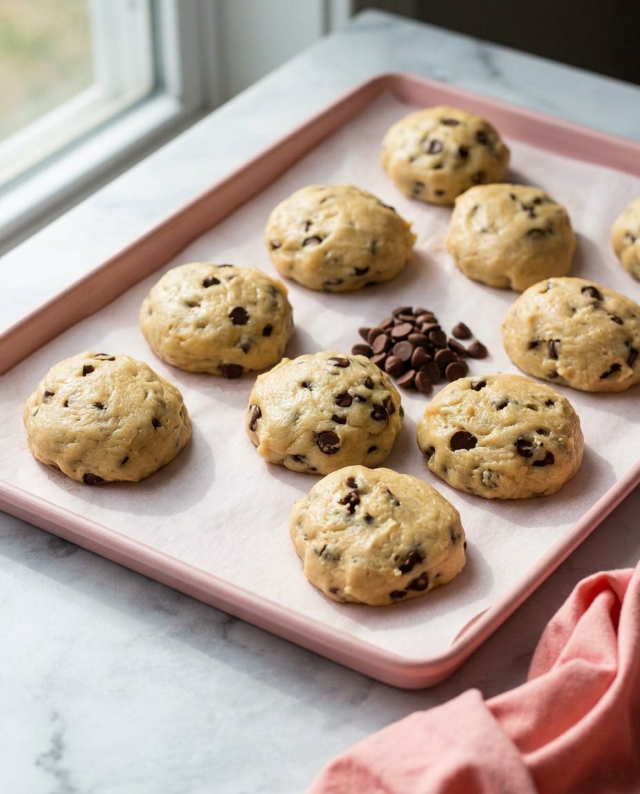Chocolate chip cookie dough balls on a baking sheet being sprinkled with sea salt