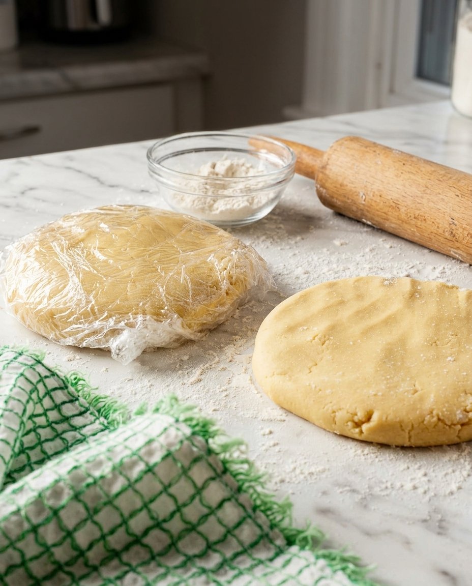 Dough being pressed into a cake pan and docked with a fork.
