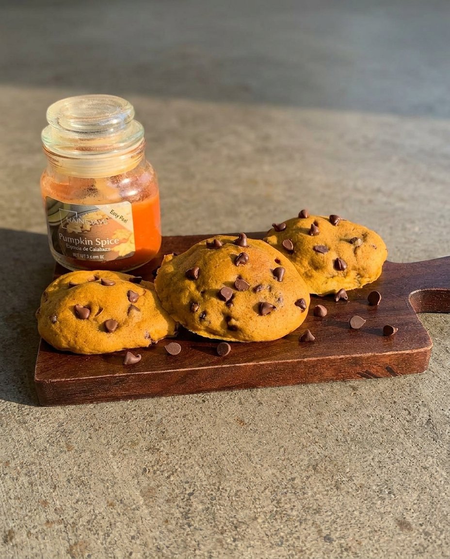 A close up of freshly baked pumpkin chocolate chip cookies showing the melted chocolate and browned edges.