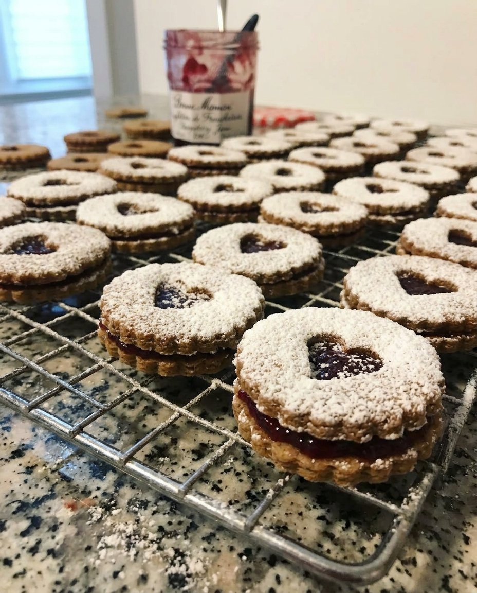 Beautifully stacked raspberry linzer cookies with powdered sugar and heart cutouts.