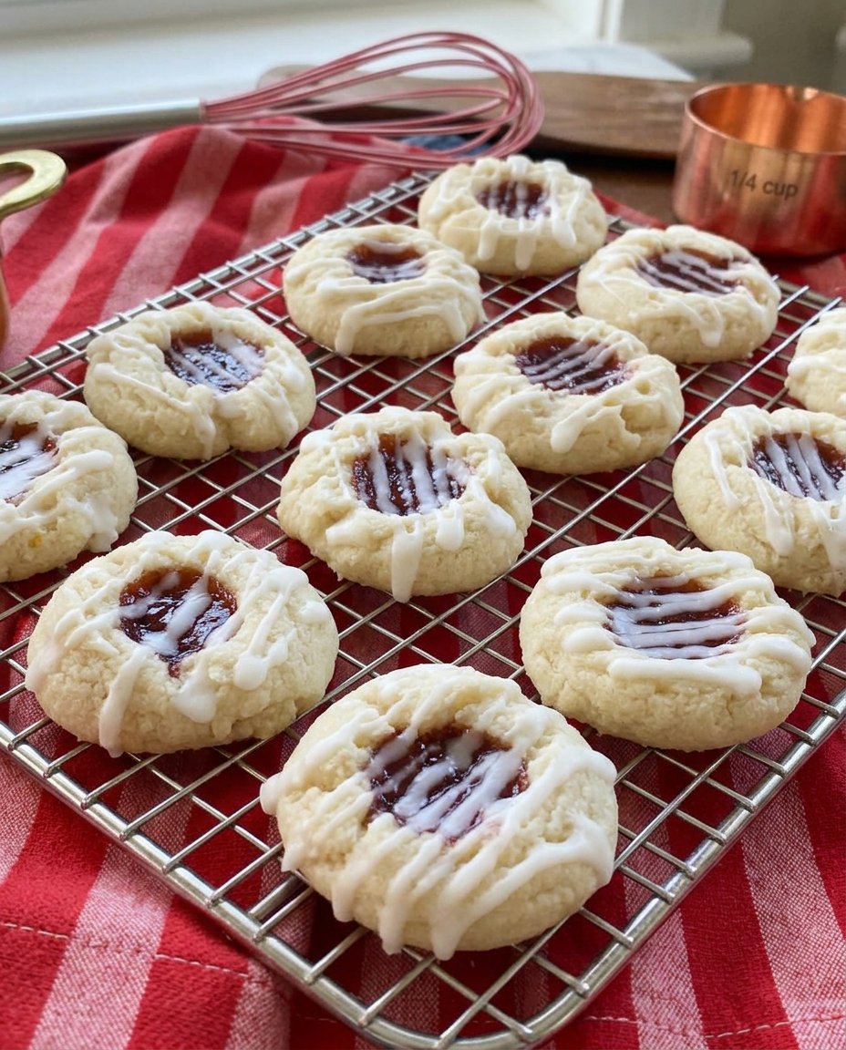 A close up of freshly baked Raspberry Thumbprint cookies showing the jam center and almond glaze.
