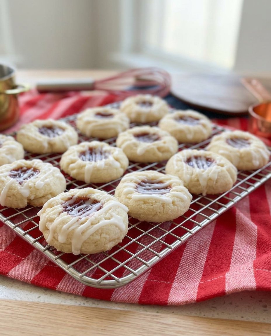 Raspberry Thumbprint cookies served on a decorative plate with a cup of tea.