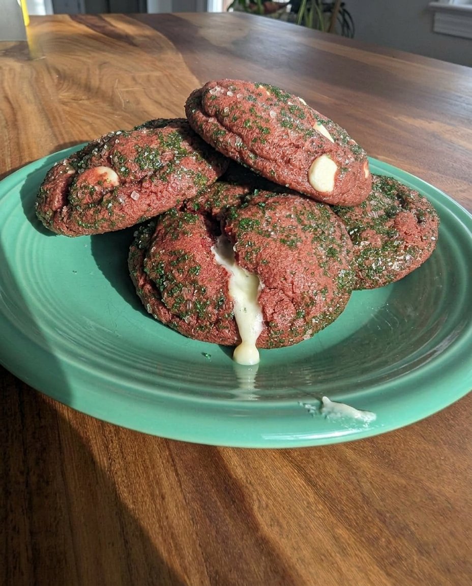 Red velvet cookies served with a glass of milk on a wooden table
