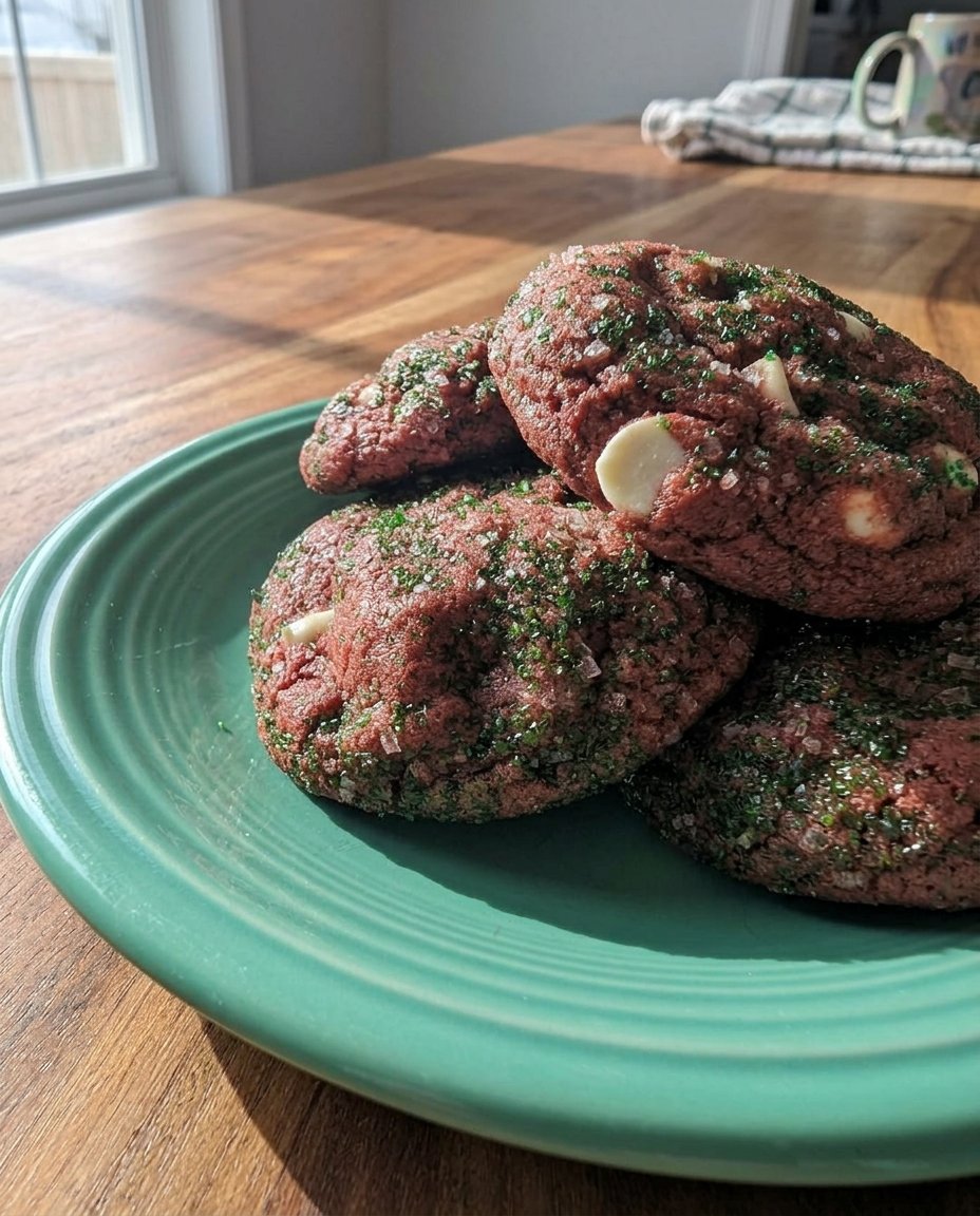 Close up of a soft red velvet cookie showing the chocolate chip distribution and tender crumb