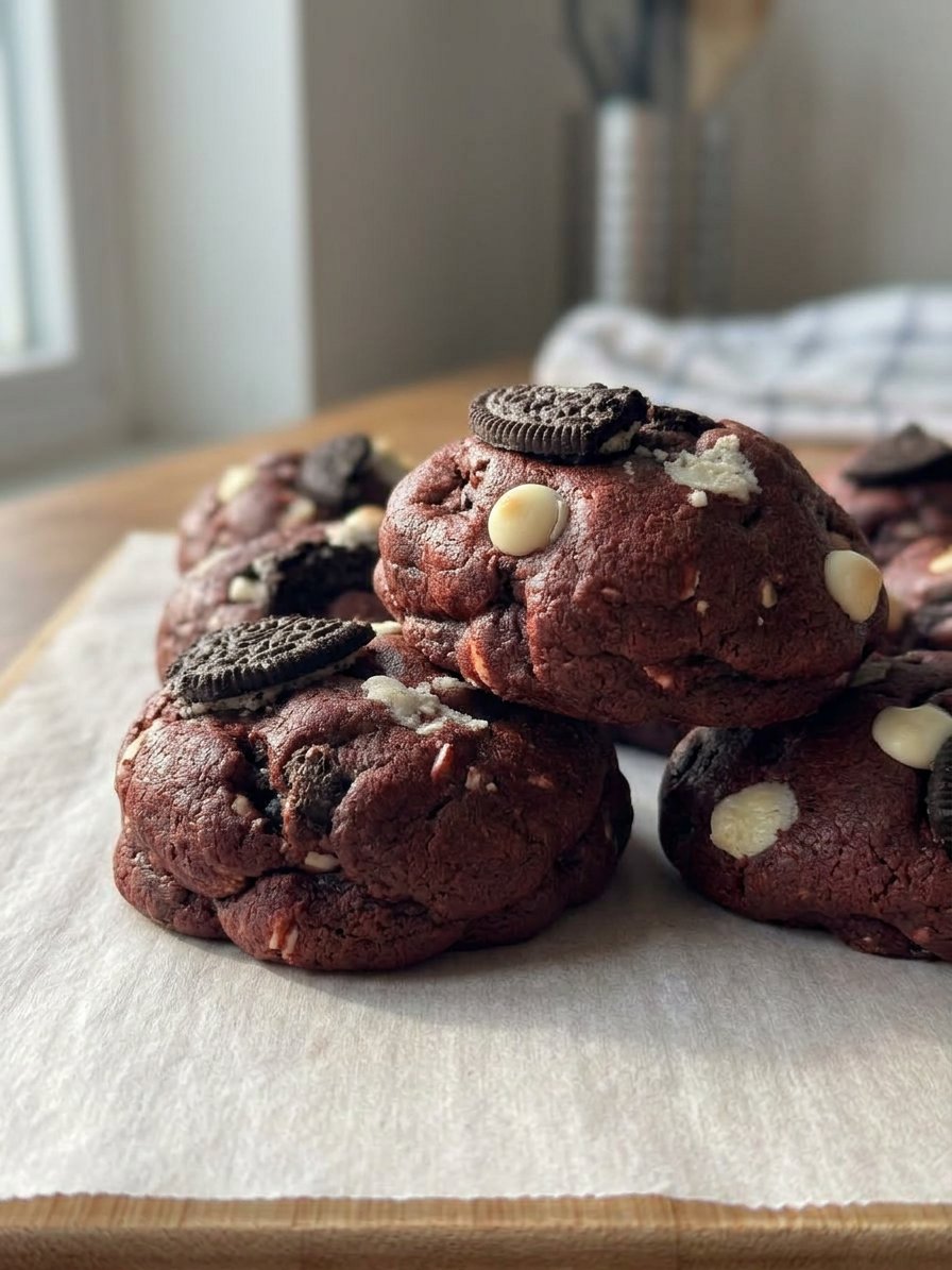 Close up of a red velvet cookie showing the chewy internal crumb and white chocolate chips.