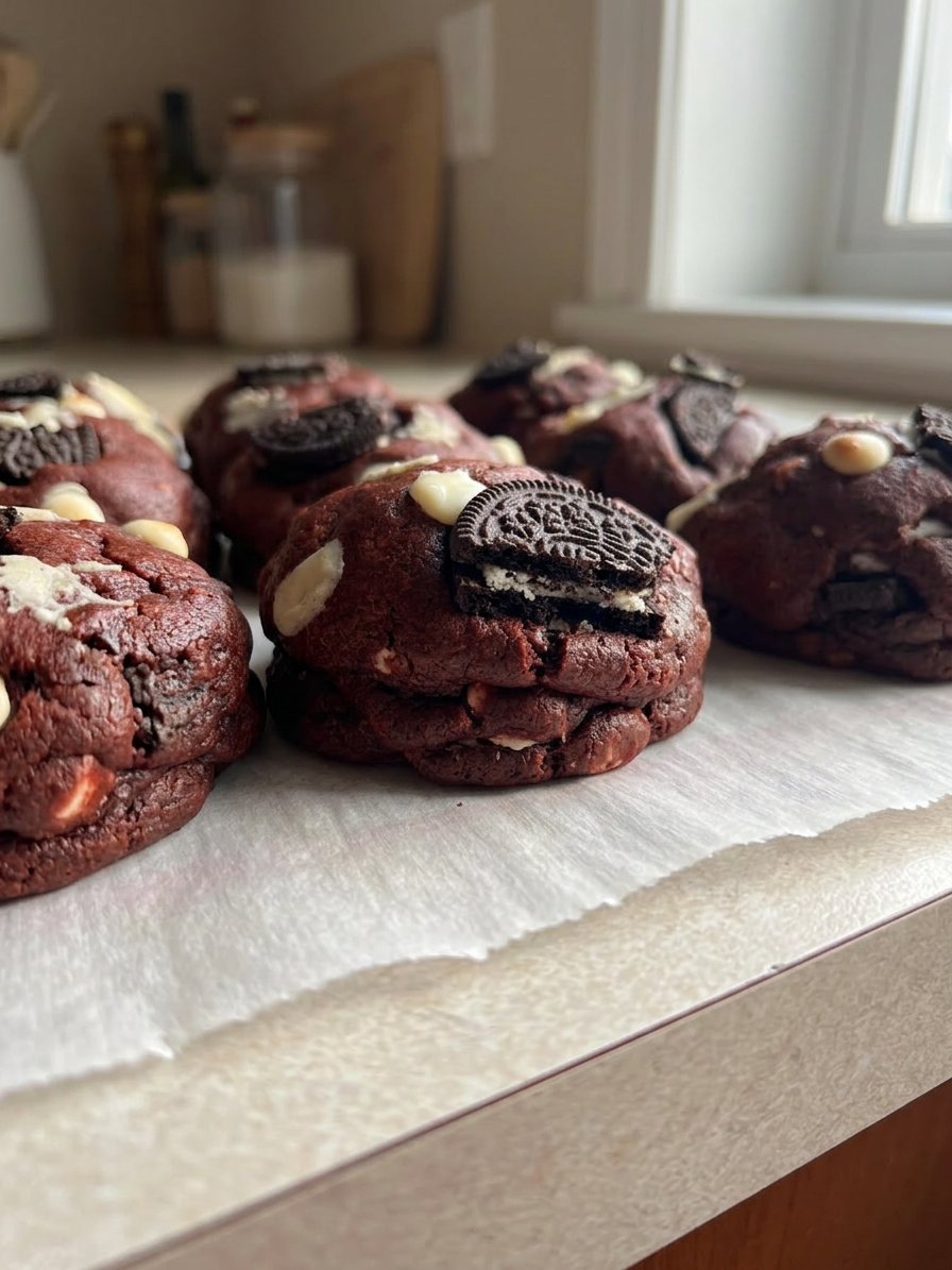Various ingredients for red velvet cookies including cocoa powder and flour measured in grams.
