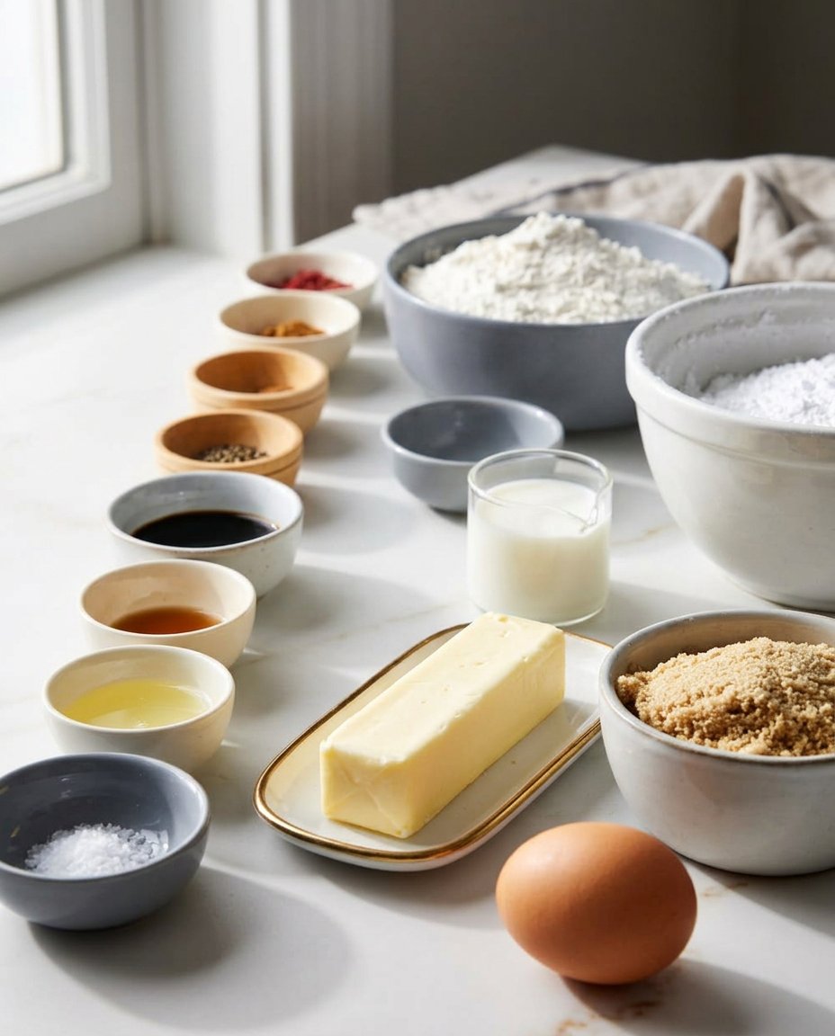 Bowls of butter brown sugar and flour measured for refrigerator cookies