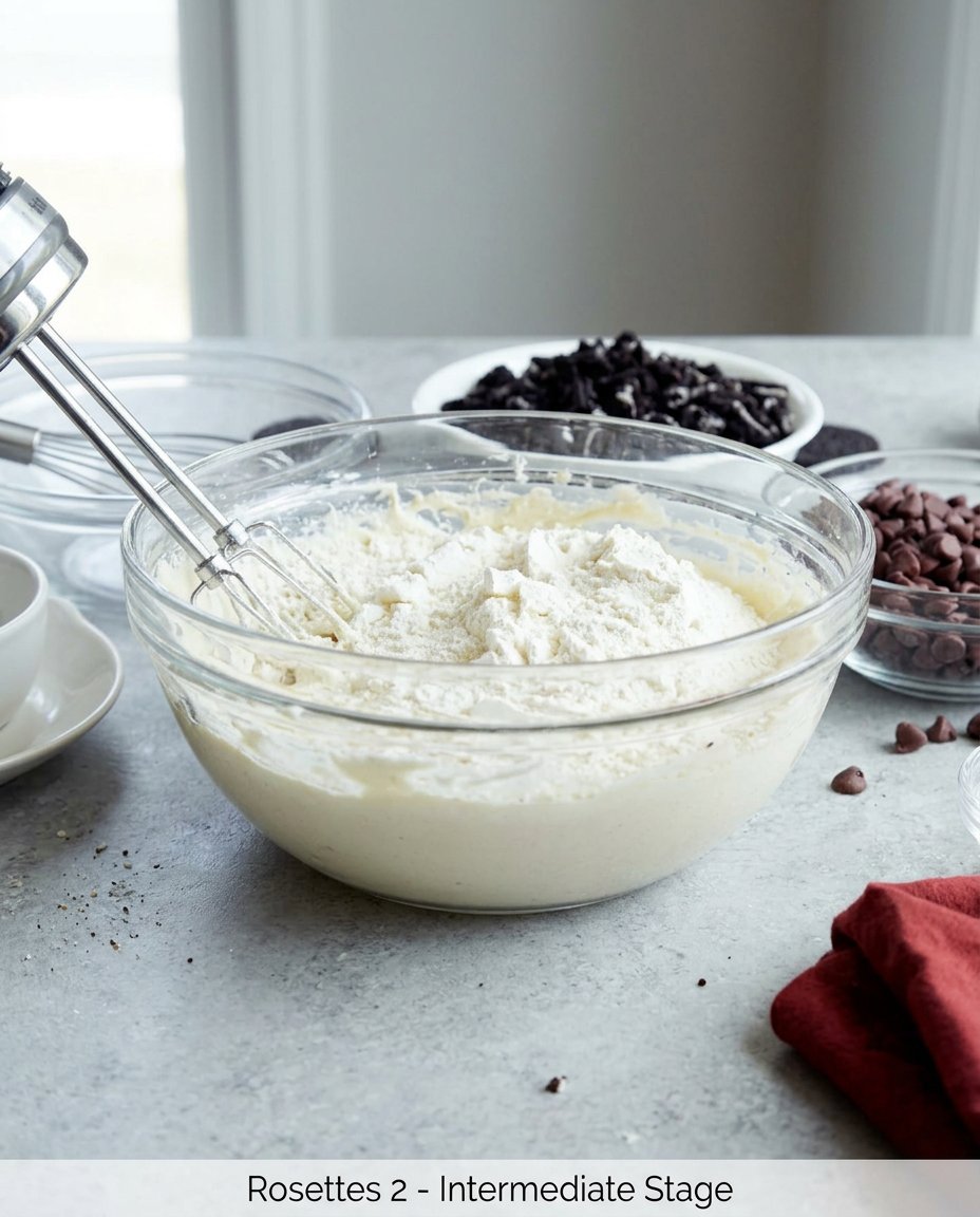Measured ingredients for rosette cookies including eggs milk and flour in grams