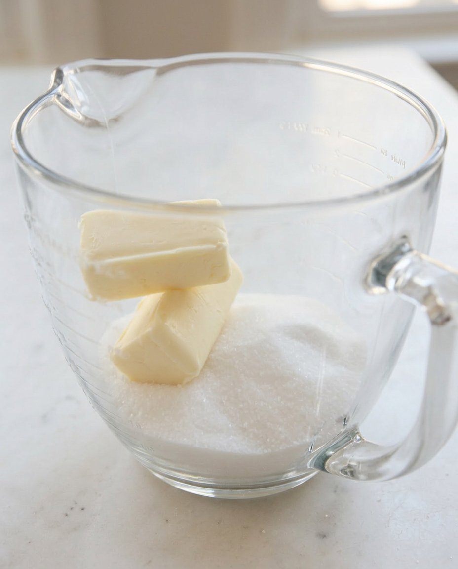 Bowls of flour milk eggs and vanilla arranged on a kitchen counter