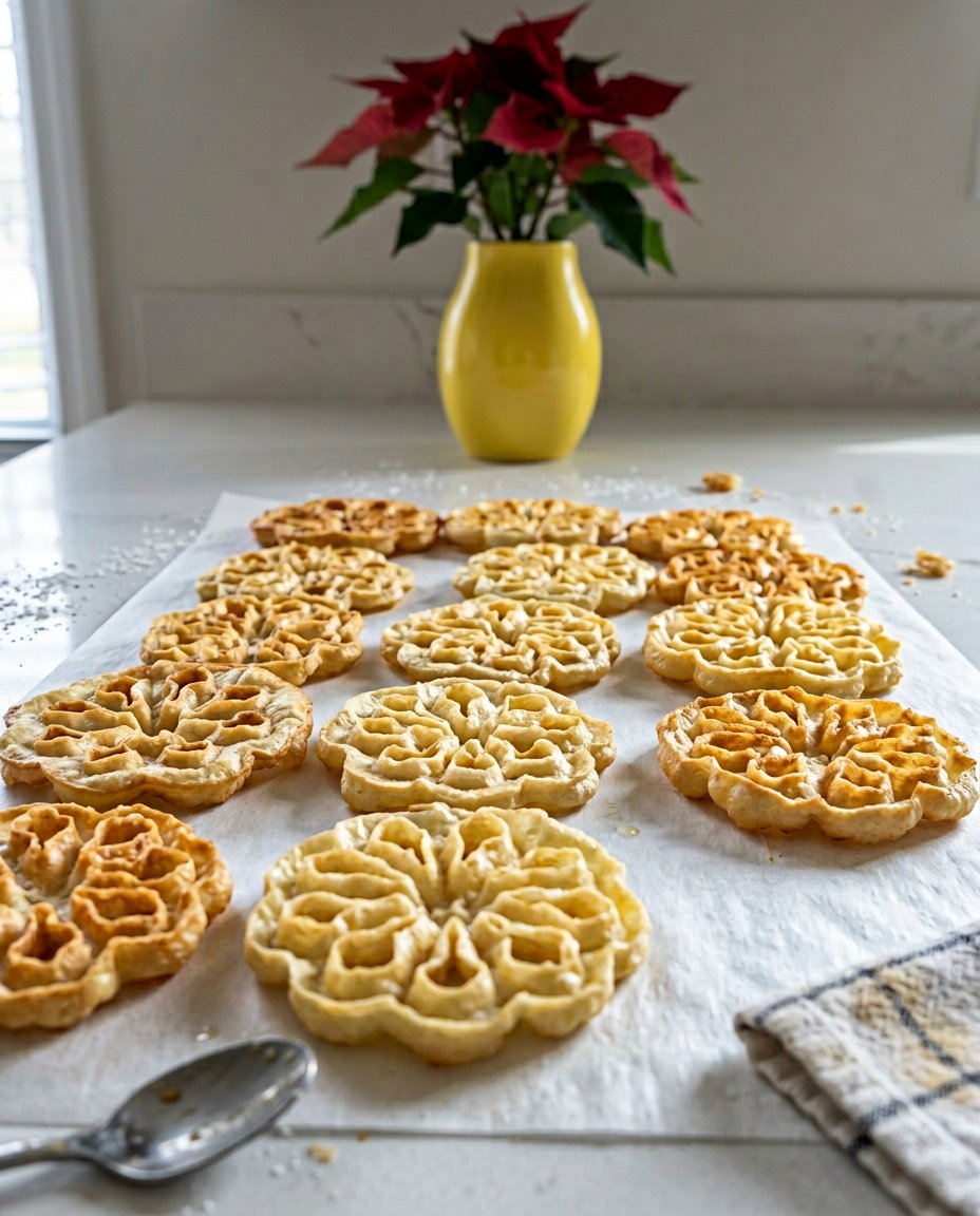 A metal rosette iron being dipped into a smooth batter for precise coating