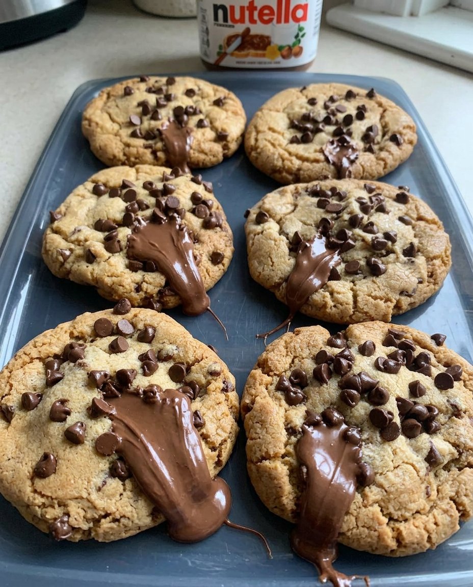 Freshly baked Nutella stuffed cookies sprinkled with flaky sea salt