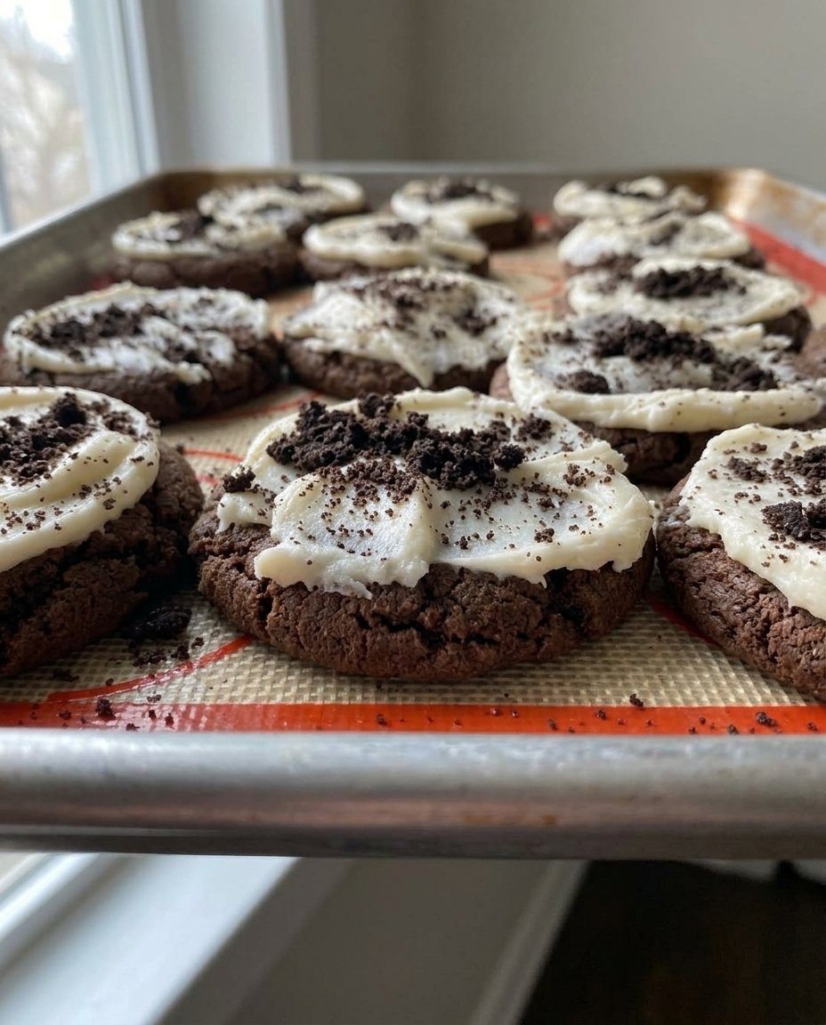 Assembling the cream filling into the chocolate sandwich cookies