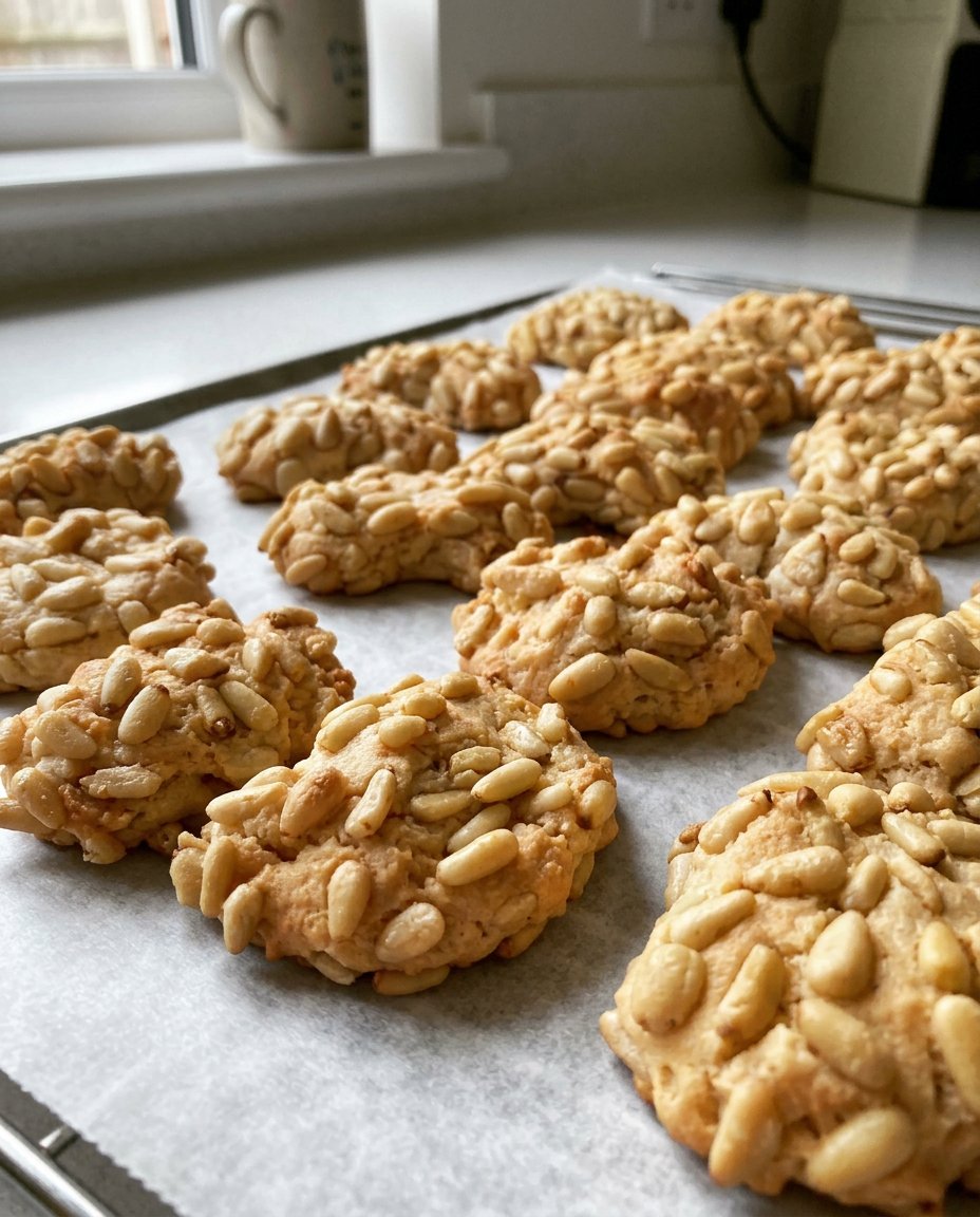 A plate of pignoli cookies served with a cup of espresso on a marble surface