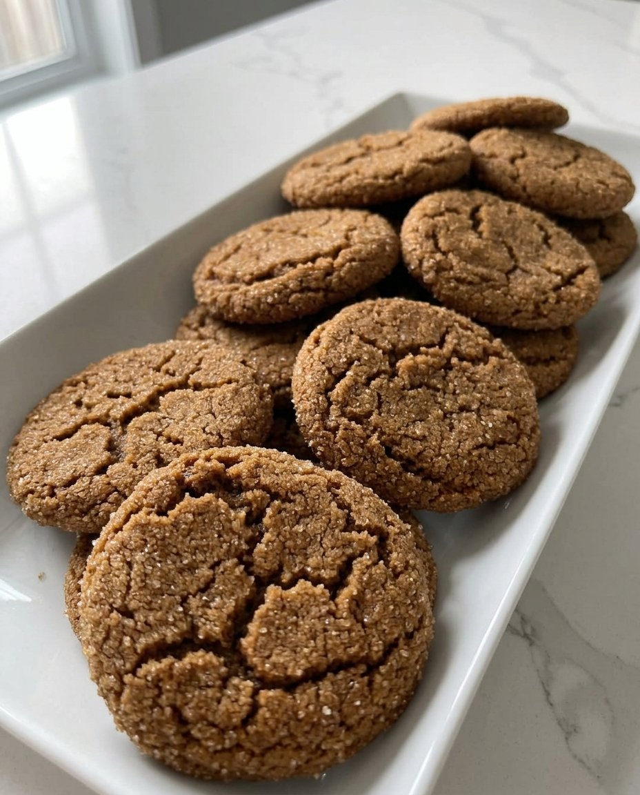 Big chewy ginger cookies stacked next to a glass of milk