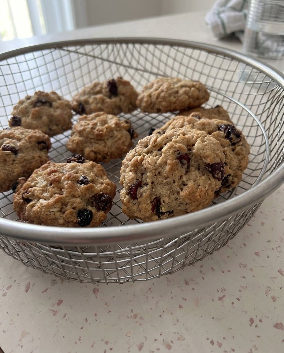 Stack of oatmeal raisin cranberry cookies next to a glass of milk.