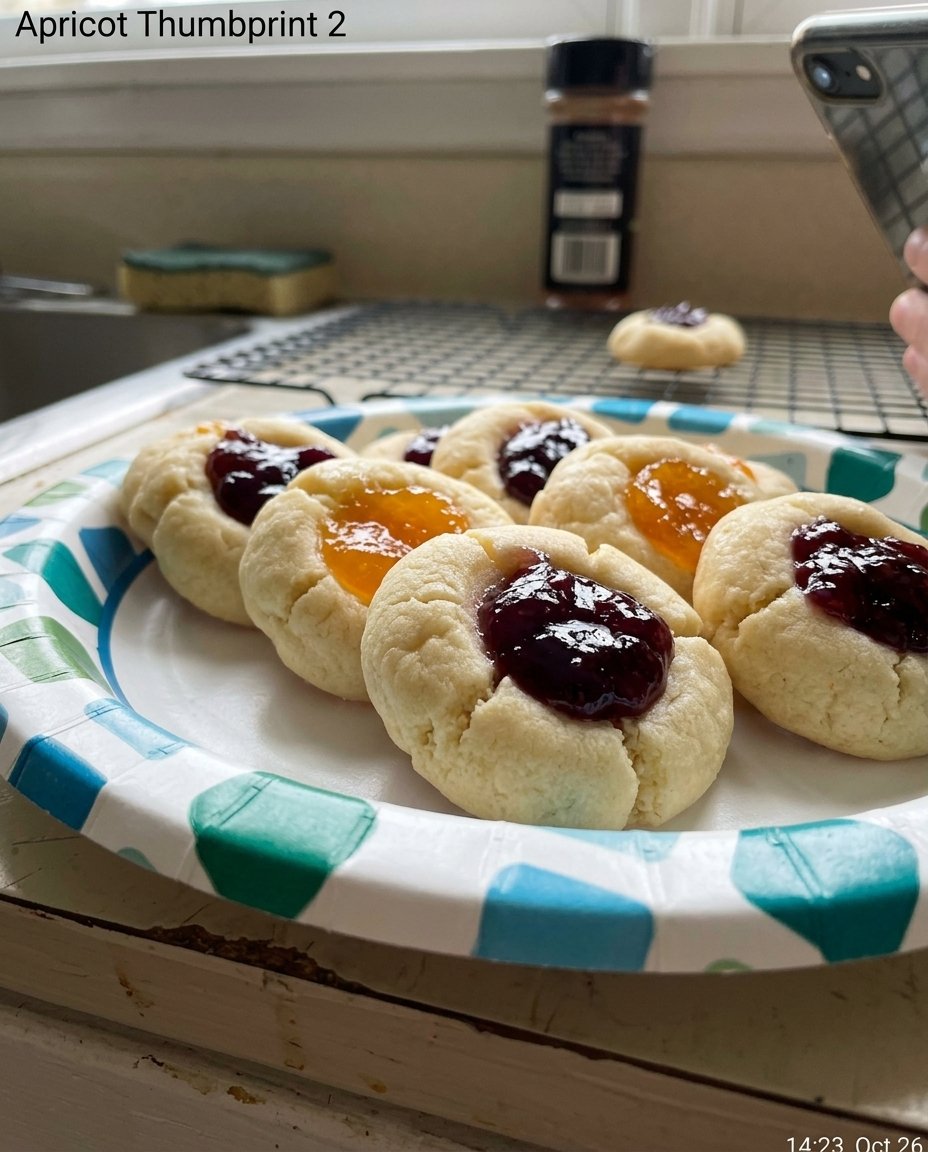 Apricot thumbprint cookies served with a cup of tea